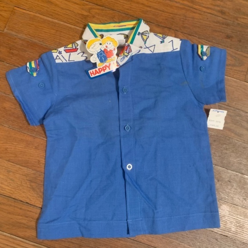 VTG Happy Kids Sail Boats  Polo Button Down‎ T Shirt Blue 24months